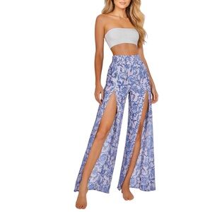 Caroline Constas Split Side Pants Tropical Floral Linen Size Large